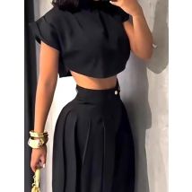 Mode Oansatz Kurzarm Top mit Langen Hosen Anzug Büro Sexy Exposed Nabel Zwei Stück Set Schwarz Lose Sommer frauen Outfit