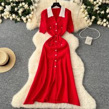Elegantes Umlegekragen-Vintage-Kleid mit langen Ärmeln, schickem Patchwork, einreihig, schmales Strickkleid, französischer Abend, High-Street-Kleidung