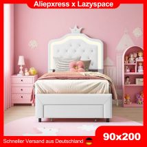 Lazyspace Kinderbett, Einzelbettgestell für Mädchen mit Schublade, PU-Polsterbett mit Kronenkopfteil mit LED-Beleuchtung