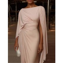 Elegant High Waist Solid Color Banquet Dress Lady Leisure Irregular Long Sleeve Dress Sexy Slash Collar Pleat Slim Evening Dress