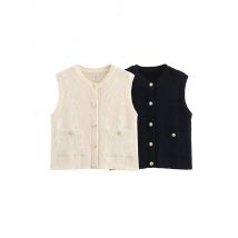 HH 2024 herbst Elegante Gestrickte Weste Rundhals Ärmel Einfarbig Einreiher Tasche Dekoration Mode Kausalen Tops