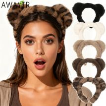 AWAYTR Leopard Plush Bear Ear Hairband Fashion Fabric Hair Bands Fluffy Hoop Cosplay Headband For Girls Festival Headwear