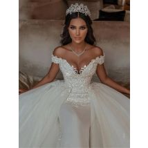 Luxus Meerjungfrau Brautkleider Abnehmbare Zug Applikationen Off Schulter Lace Up Zurück Aso Ebi Brautkleid Vestido De Novia