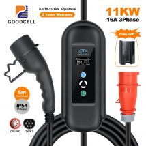 GOODCELL Mobiles EV-Ladegerät, 16 A, 11 kW, Typ 2, Stecker, Strom einstellen, Timer, Aufladen für Hybrid-Elektrofahrzeuge, Autos, 5 m Kabel
