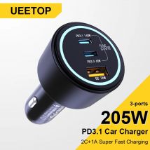 Ueetop 205W Caricabatteria da auto Ricarica rapida 4.0 PPS 45W PD3.1 140W Caricabatteria da auto USB C a ricarica rapida per MacBook iPhone 16 Samsung
