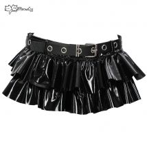 MEOWCOS Damen-Rock im Gothic-Stil, schwarzes glänzendes Leder, kurzer Minirock mit Gürtel, Cosplay-Kostüm