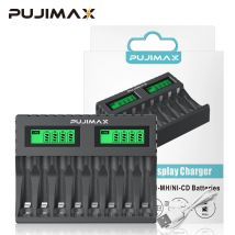 Caricabatteria PUJIMAX a 8 slot Adatto per batteria ricaricabile AAA/AA Protezione da cortocircuito Display a LED Caricatore USB Ni-MH/Ni-Cd