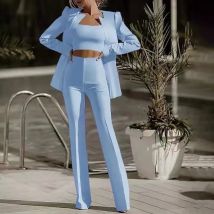 Drei Stück Sets Frauen Volle Hülse Mäntel Blazer Liebsten Lange Hosen Anzüge Feste Hohe Taille Hose Elegante Büro Dame