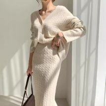 Herbst Winter frauen Einfarbig Elegante Casual Trendy Lose Gestrickte 2-teilige Sets Breasted Langarm Strickjacken Röcke Weibliche