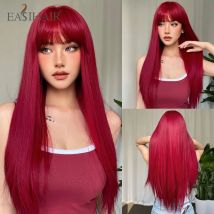 EASIHAIR pelucas sintéticas largas y rectas de color rojo vino con flequillo, peluca de pelo de Cosplay marrón rojo burdeos para mujer, resistente al calor Natural