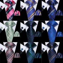 Hi-Tie Uomo 3 pezzi rosa verde cravatta fazzoletto gemelli per accessorio smoking classico regalo di lusso in seta cravatta a righe