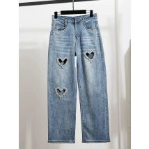 High Street Frühling Herbst Lose Abnehmen Gerade Hohe Taille Jeans Breite Bein Hosen Frauen Herz Form Diamant Denim Baggy Hosen