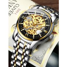 BIDEN Klassische mechanische Uhr, luxuriöses Diamant-Zifferblatt, leuchtende Zeiger, goldenes Skelett, automatische Herrenuhr, Edelstahlarmband