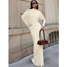 Kliou Gerafftes, elegantes langes Kleid für Damen, Herbst-Trend, O-Ausschnitt, volle Ärmel, dünn, hohe Taille, täglich, Straße, lässig, einfacher Stil, figurbetont