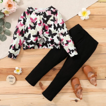 1-6 Jahre Kinder Mädchen Kleidung Set Langarm Schmetterling gedruckt Top schwarze Hosen Mode Frühling & Herbst 2 Stück Outfit für Kinder Mädchen