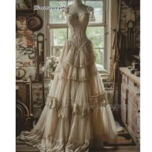 Mittelalterliches Vintage-Abendkleid mit Rüschen, gestuft, A-Linie, langes Ballkleid, herzförmiger Ausschnitt, kurze Ärmel, Korsett, Schnürung, individuell gestaltet