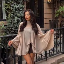 YENKYE New Fashion High Neck Cape Top For Elegant Women Asymmetrical Hem Loose Chiffon Blouse