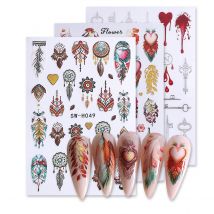 3pcs Feather Dream Catcher Bronzing Nail Sticker Bohemia Style Leaves Sun Love Heart Key Design Decals Manicure Adhesive Sliders