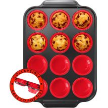 LMETJMA Zusammenklappbare Silikon-Muffinform für 12 Tassen, Eierbisse, Cupcake-Pfanne mit Metallrahmen, antihaftbeschichtete Muffin-Tablett, Muffin-Dosen JT372
