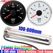 2" 52mm Abfallstandsanzeige 7 Farben LED Holding Tank Gauge 0-190 Ohm HTG Abwasserstandsensor Stahl 100-600mm für Auto Boot Custom
