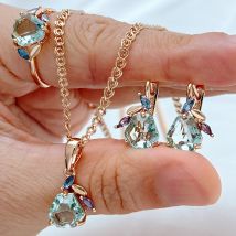 Kinel Unique Green Stone Ring Earrings Necklace for Women 585 Rose Gold Color With Rhombus Natural Zircon Vintage Jewelry Sets