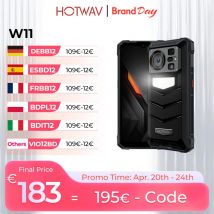 Wytrzymały smartfon HOTWAV W11, latarka 280 lm, bateria 20800 mAh, ładowanie 33 W, ekran 6,6'' FHD+, aparat tylny 64 MP, noktowizor 24 MP, 12 (6+6) GB RAM, 256 GB pamięci.