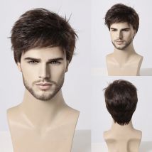 Kurze Pixie-Schnitt-Herrenperücke, dunkelbraun, geschichtete synthetische Perücken, Niedrigtemperaturfaser, für Männer und Frauen, täglich, natürlich aussehendes Kunsthaar