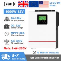 Y&H 1000W inverter solare ibrido 12VDC 220VAC inverter ibrido a onda sinusoidale pura MPPT 80A regolatore di carica solare Max PV 150VDC