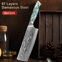 7-Zoll-Nakiri-Messer Damaskus-Stahl Kochmesser Abalone-Muschelgriff Scharfes Küchenkochmesser-Werkzeug