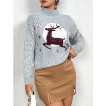 Vintage Herbst Mode Damen Middle High Neck Elk Christmas Fashion Print Pullover Long-sleeved Sweater Осенняя Одежда Для Женщин