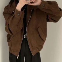 Amerikanischer Retro-Mantel aus braunem Wildlederimitat für Damen, modisch, Revers, solider Reißverschluss, kurze Jacke, Herbst-Winter, lange Ärmel, Reißverschluss, Oberbekleidung