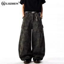LUZHEN stile americano multi tasche decorano pantaloni in denim dritti larghi da uomo 2025 nuovi jeans maschili a gamba larga dal design originale JY3093