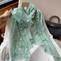 2024 Women's Spring Summer Lace Patchwork Scarf Solid Color Pleated Cotton And Linen Scarf  Thin Gauze Scarf