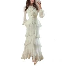 Woman Sexy O Neck Layered Ruffles Long Dresses Elegant Solid High Waist Chiffon Party Dresses Autumn Long Sleeve Slim Boho Dress