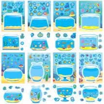 8/16 Blatt Fisch-Cartoon-Puzzle-Aufkleber. Machen Sie Ihr eigenes DIY-Spiel. Lustige Kinder-DIY-Puzzle-Dekorationsaufkleber für Kinderspielzeug zusammen