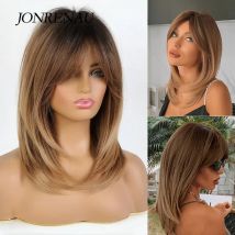 JONRENAU Middle Long Straight Hair with Bangs Ombre Brown to Blonde Wig Dark Roots Synthetic Wigs for Women Heat Resistance Hair