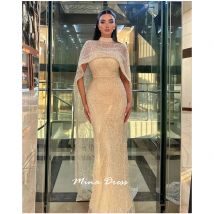 Mina Custom Beads Vestidos de noche lujosos para mujer para ocasiones formales Lentejuelas. Gema de diamante; Vestido de fiesta con cuello alto y chal