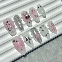 Süße rosa Schleife Blush Ombre wiederverwendbare handgemachte Press On Nails Stars Diamonds Fake Nails Sexy süße Prinzessin Stil Mandel Maniküre