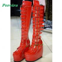 Red Platform Belt-Buckled Knee High Boots Wedges Patent Leather Long Boots for Women Winter Glossy Gothic Zipper Shoes Luxury