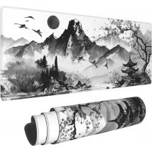 900 x 400 schwarz-weißes Aquarell-Kirschblüten-Mauspad im japanischen Stil, rutschfeste Gummibasis mit genähten Kanten für das Heimbüro