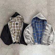 Męskie bluzy z kapturem dwustronne, codzienne ubrania uliczne, oversize'owe bluzy rozpinane na zamek, proste z podszewką w kratę, jednolite kolory, retro bluzy.