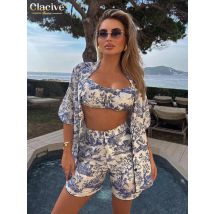Clacive Sexy Lose Druck 3 Stück Sets Frauen Outfit Vintage Kurzarm Shirt + Bh Mit Hoher Taille Shorts Set weibliche Streetwear