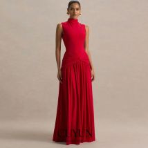 CUYUN Red High-Neck Maxi Dress with Twist Sleeveless A Line Draped Long Prom Party Dress Customized Wedding Party Dress Formal