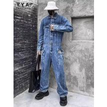 Mode Herren Ein Stück Overall Langarm Multi Taschen Cargo Hosen Hip Hop Männer Frühling Herbst Overalls Vintage Denim Overall