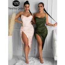 NewAsia Ruched Satin Summer Dress Drawstring Spaghetti Straps Cowl Neck Backless Long Dresses for Women Party Sexy Vestidos 2022