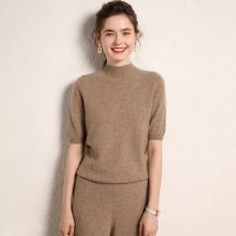 100% cashmere women's sweater short sleeved knitted half high collar five quarter sleeve fashionable hot selling women's T-shirt
