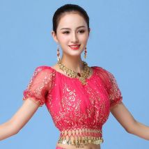Bollywood Tanzkostüm Top Damen Indischer Tanz Sari Bauchtanz Performance Kleidung Chiffon Top Kurzarm Langarm Top