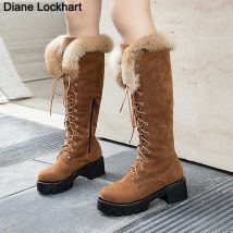 Schnür-Winterschuhe für Damen, Schneestiefel, Echtpelzstiefel, Damen, kniehoch, Wildleder, dicker Absatz, warm, Outdoor, mit Reißverschluss, große Größe 43, Direktversand