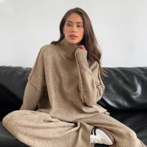 Frauen Herbst und Winter Neue Mode Entspannte Freizeit Faul Dicken Stricken Zwei-stück Set Hoher Kragen Schlitz Pullover + lange Hosen Anzug