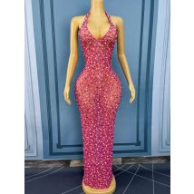 Luxurious Shining Rhinestones Sexy V-neck Rosy Mesh Dress Evening Cocktail party Gown Holiday Journey Seaside Outfit Fenhonhuiyi